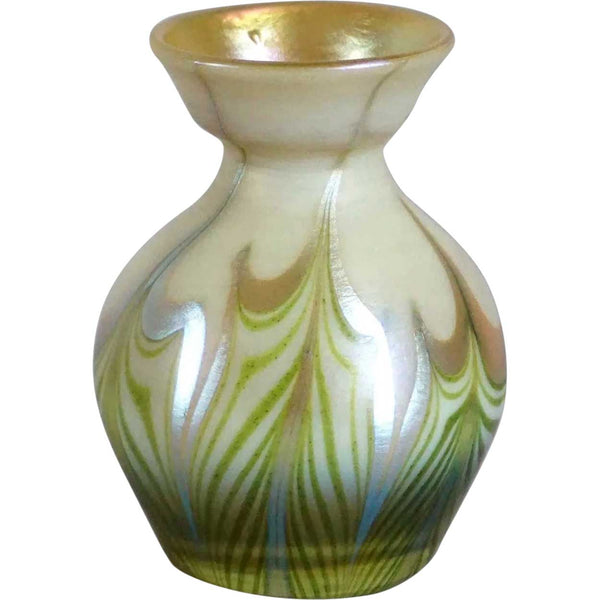 American Tiffany Studios Favrile Glass Green and Gold Cabinet Vase