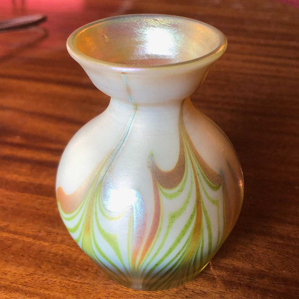 American Tiffany Studios Favrile Glass Green and Gold Cabinet Vase