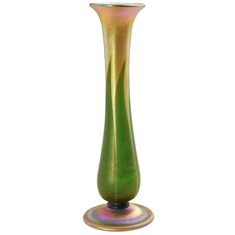 American Tiffany Studios Favrile Glass Gold and Green Feather Vase