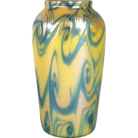 American Quezal Glass Yellow and Blue King Tut Cabinet Vase