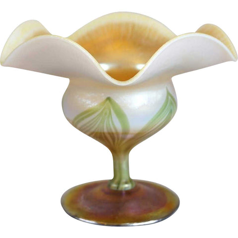 Small American Tiffany Studios Favrile Glass Floriform Pulled Green Compote