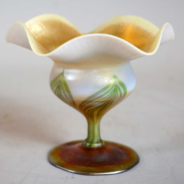 Small American Tiffany Studios Favrile Glass Floriform Pulled Green Compote