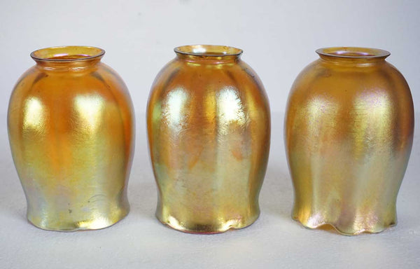 Set of Three American Tiffany Studios Art Nouveau Gold Favrile Tulip Lamps Shades