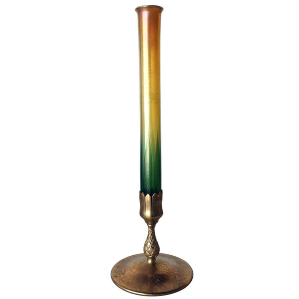 American Tiffany Studios Favrile Glass Stick Bud Vase and Bronze Dore Artichoke Base