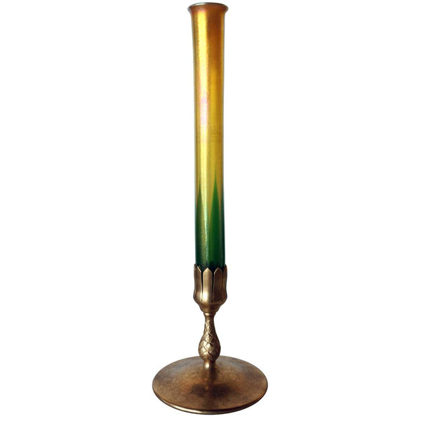 American Tiffany Studios Favrile Glass Stick Bud Vase and Bronze Dore Artichoke Base