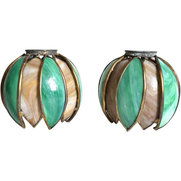 Pair American Handel Art Nouveau Brass and Curved Opalescent Stained Glass Pond Lily Shades
