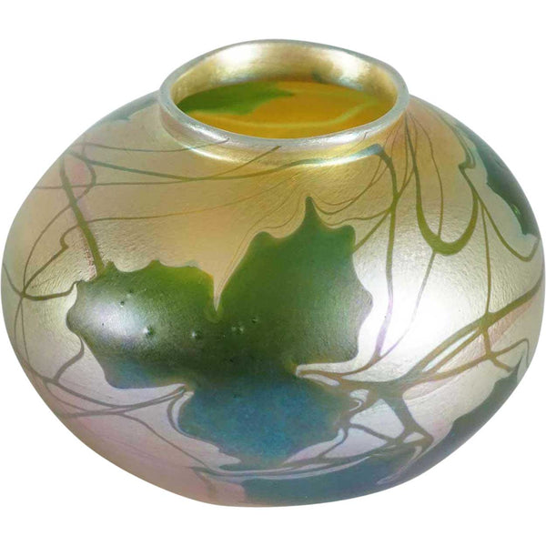 American Tiffany Studios Favrile Glass Gold Green Leaf and Vine Vase