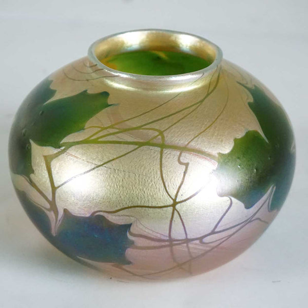 American Tiffany Studios Favrile Glass Gold Green Leaf and Vine Vase