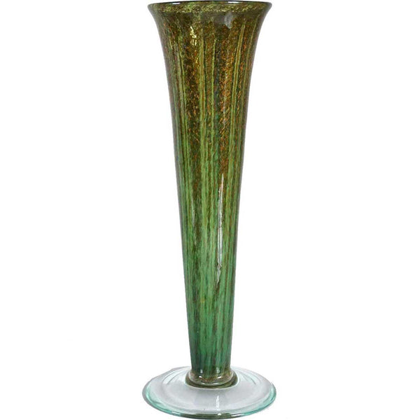 Large American Nash Iridescent Teal Chintz Decorated Glass Trumpet Vase