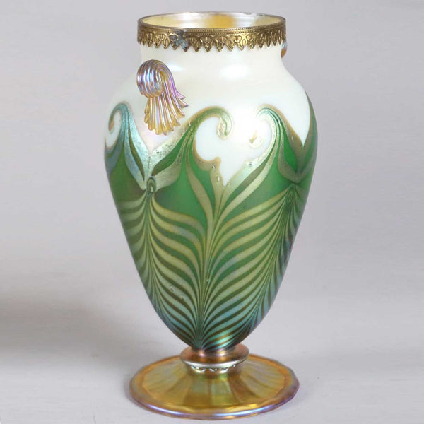 American Art Nouveau Glass Pulled Hooked Feather Metal Mounted Vase