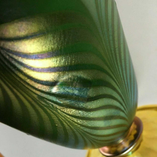 American Art Nouveau Glass Pulled Hooked Feather Metal Mounted Vase