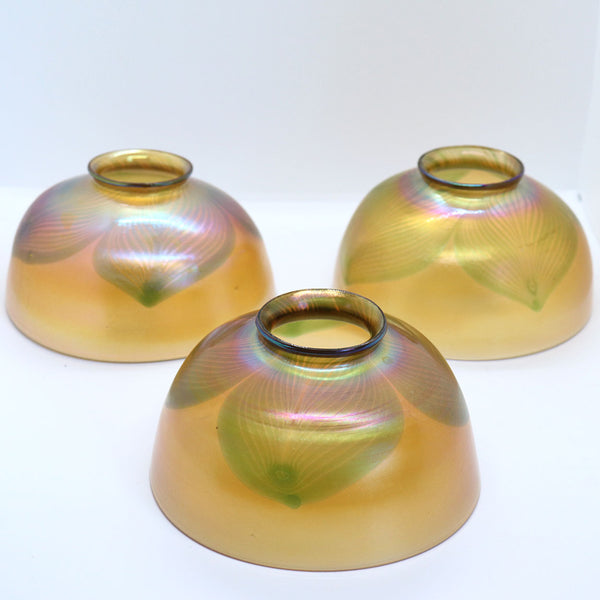 Set of Three American Tiffany Studios Gold Favrile Glass Pulled Feather Lamp Shades