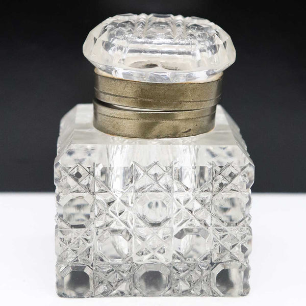 Victorian Pressed and Hobnail Cut Glass Brass Mounted Square Inkwell