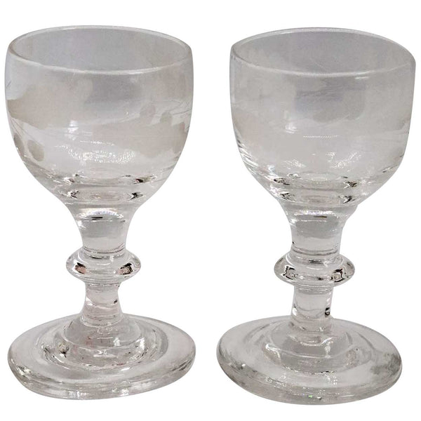 Pair of Small English Georgian Oak Leaf Etched Drinking Glasses