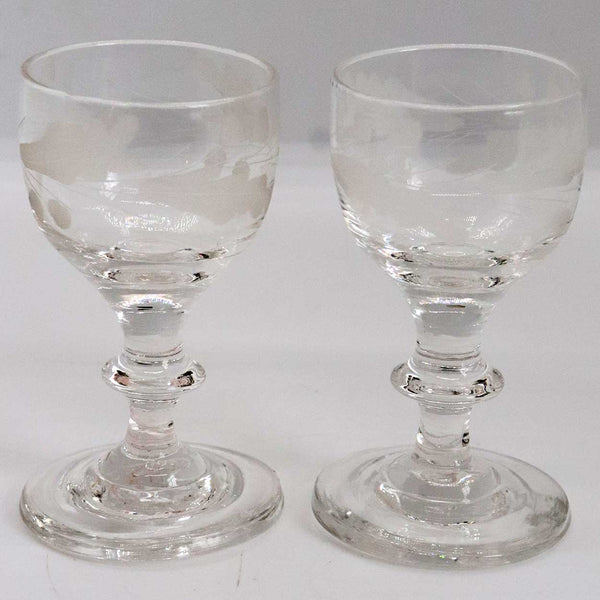 Pair of Small English Georgian Oak Leaf Etched Drinking Glasses