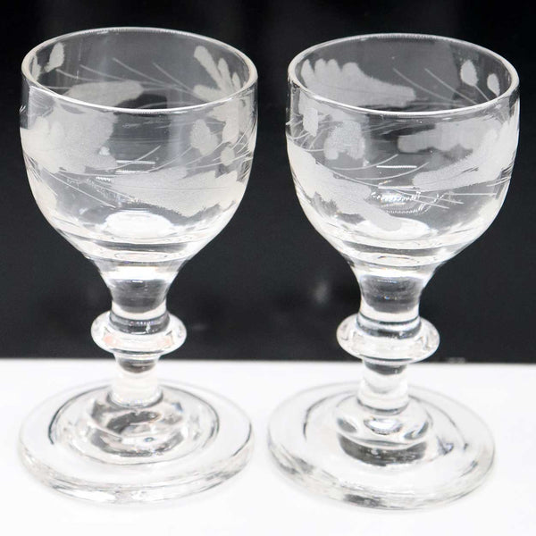 Pair of Small English Georgian Oak Leaf Etched Drinking Glasses