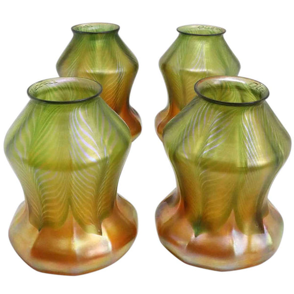 Set of Four American Quezal Green and Gold Pulled Feather Glass Lamp Shades