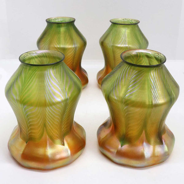 Set of Four American Quezal Green and Gold Pulled Feather Glass Lamp Shades