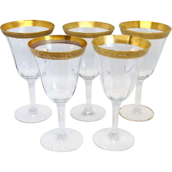 Five Vintage American Tiffin Gilt Crystal Wine Glasses / Water Goblets