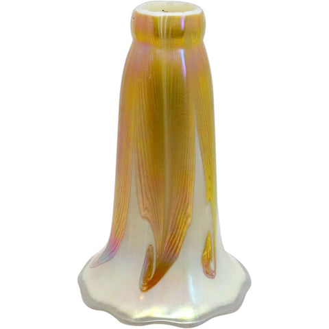 American Quezal Glass Opalescent Gold Hooked Feather Lily Lamp Shade
