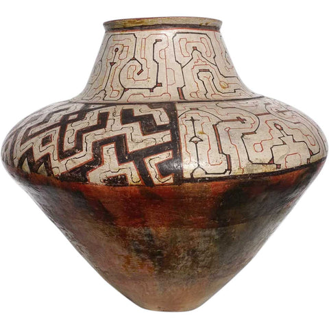 Very Large Vintage Peruvian Shipibo Polychrome Geometric Ceramic Pot (Chomo)