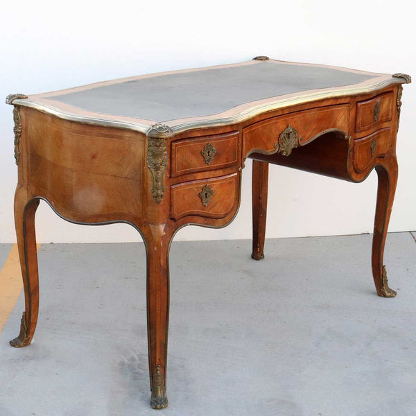 French Louis XV Style Ormolu Mounted Walnut Parquetry Writing Desk (Bureau Plat)