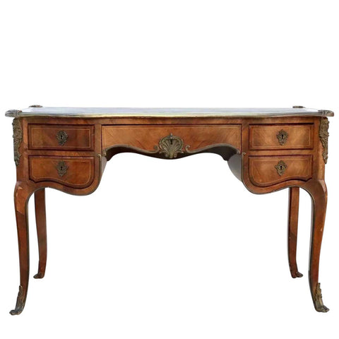 French Louis XV Style Ormolu Mounted Walnut Parquetry Writing Desk (Bureau Plat)