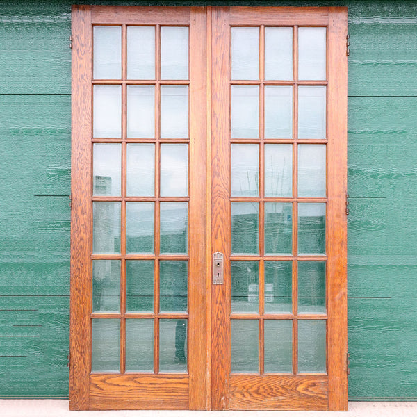 American Craftsman Beveled Glass and Oak Veneer Double French Door