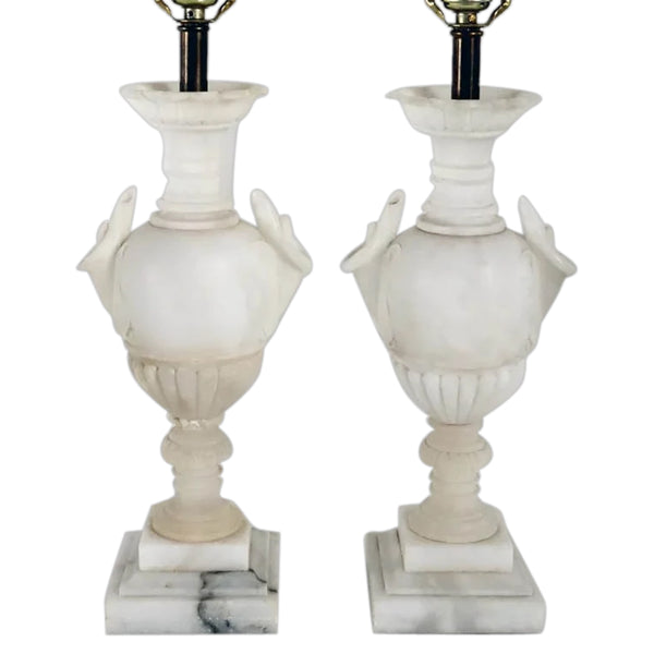 Pair of Vintage Italian White Alabaster Calla Lily Urn One-Light Table Lamps