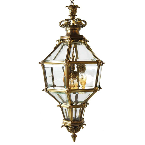 French Louis XIV Style Beveled Glass and Gilt Bronze Four-Light Versailles Lantern