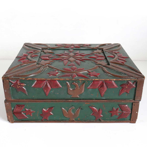 American New England Folk Art Green and Red Painted and Carved Document Box