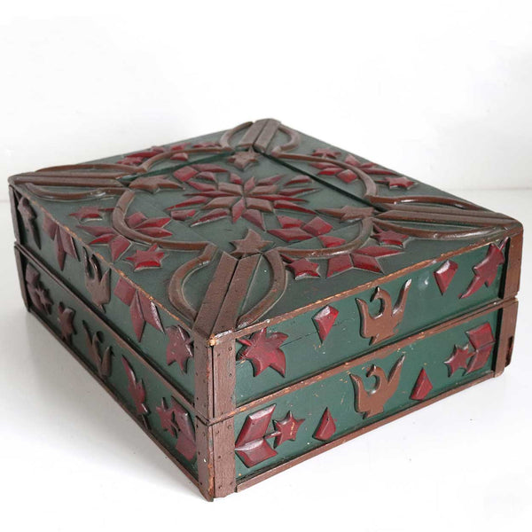 American New England Folk Art Green and Red Painted and Carved Document Box