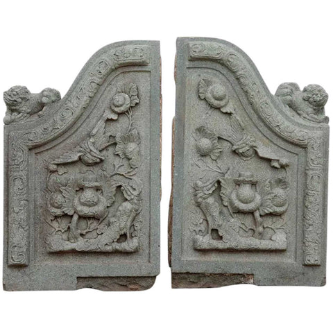 Pair of Chinese Qing Carved Green Stone Architectural Building Facade Carvings