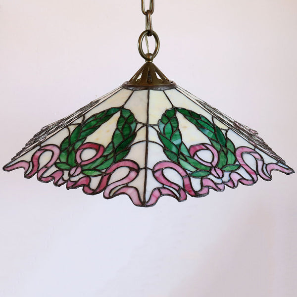 American Albert Sechrist Leaded Glass Ribbon and Wreath One-Light Pendant Light