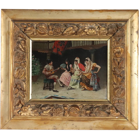 ENRICO TARENGHI Oil on Panel Painting, Musician Serenading Three Ladies