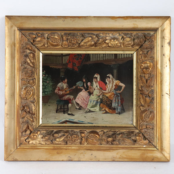 ENRICO TARENGHI Oil on Panel Painting, Musician Serenading Three Ladies