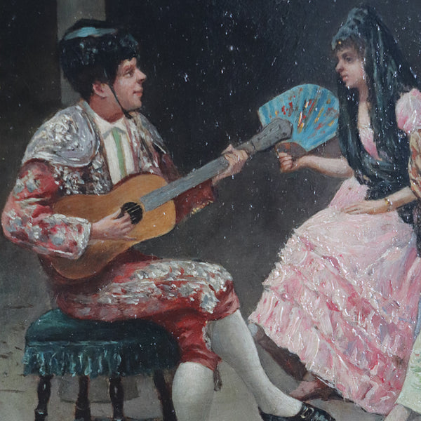 ENRICO TARENGHI Oil on Panel Painting, Musician Serenading Three Ladies
