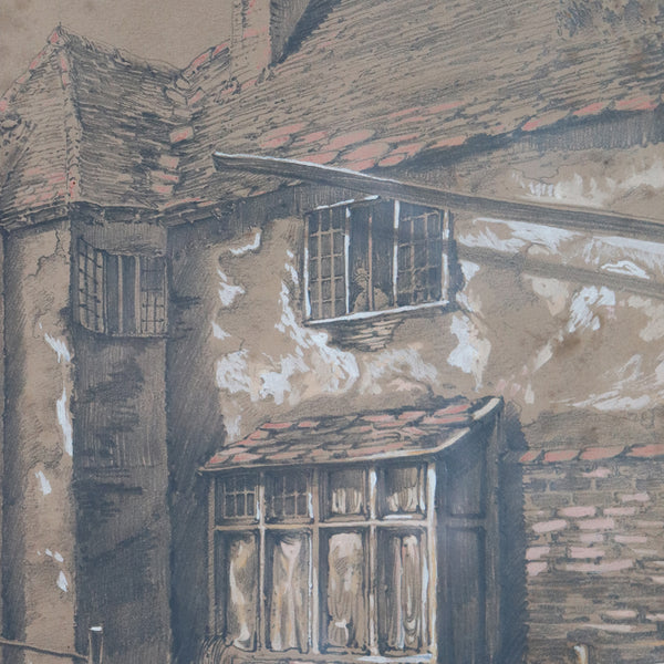 English School Gouache Drawing on Paper, Lady at the Window of a Tudor House