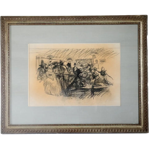 Vintage BEN STAHL Charcoal Drawing on Paper, Victorian Tavern Scene