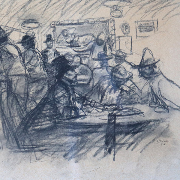 Vintage BEN STAHL Charcoal Drawing on Paper, Victorian Tavern Scene