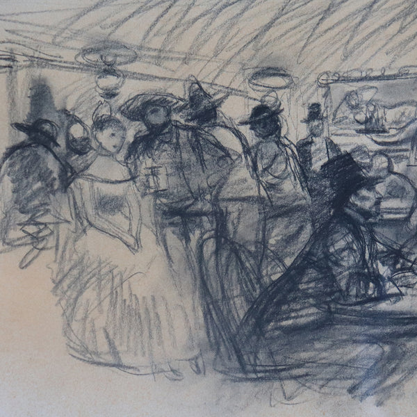 Vintage BEN STAHL Charcoal Drawing on Paper, Victorian Tavern Scene