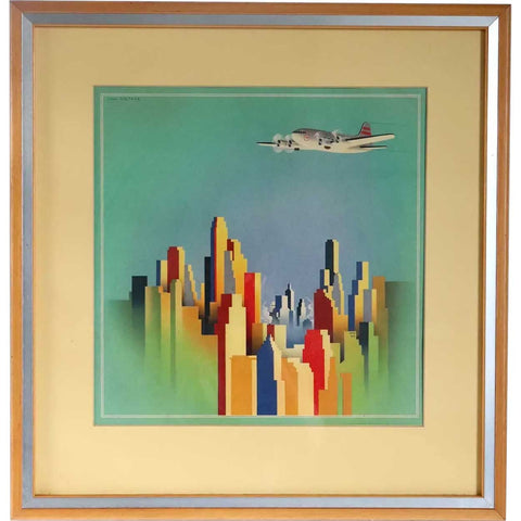 Vintage GENE WALTHER TWA Airline Travel Poster, New York City Skyline