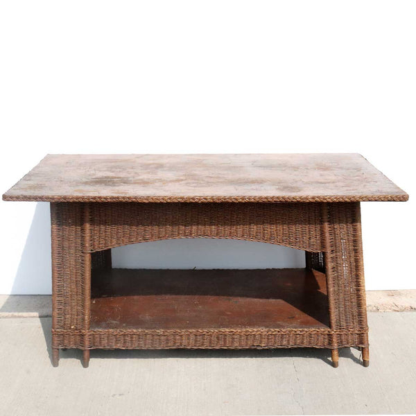 American Mission/Arts and Crafts Natural Wicker and Oak Veneer Top Library Table
