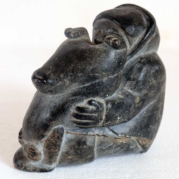 First Nations Inuit ELIJASSIAPIK Black Soapstone Carving, Inukjuak Seal Hunter