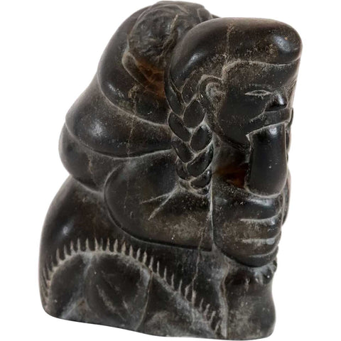 First Nations Inuit JOANASIE NOWKAWALK Black Soapstone Carving, Mother and Child