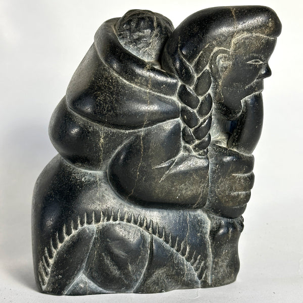 First Nations Inuit JOANASIE NOWKAWALK Black Soapstone Carving, Mother and Child