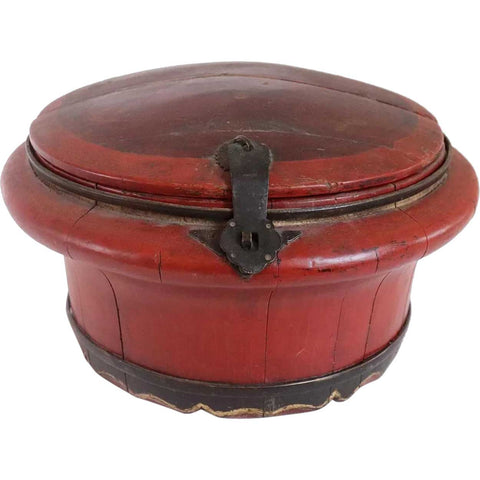 Chinese Qing Iron Mounted Red Wooden Round Box