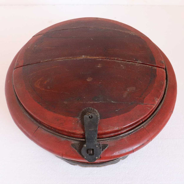 Chinese Qing Iron Mounted Red Wooden Round Box