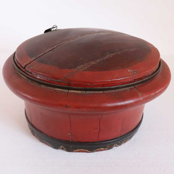 Chinese Qing Iron Mounted Red Wooden Round Box