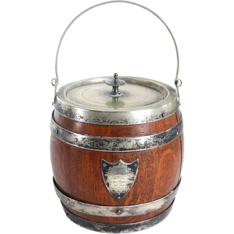 English Daniel & Arter Silverplate Mounted Oak Biscuit Barrel